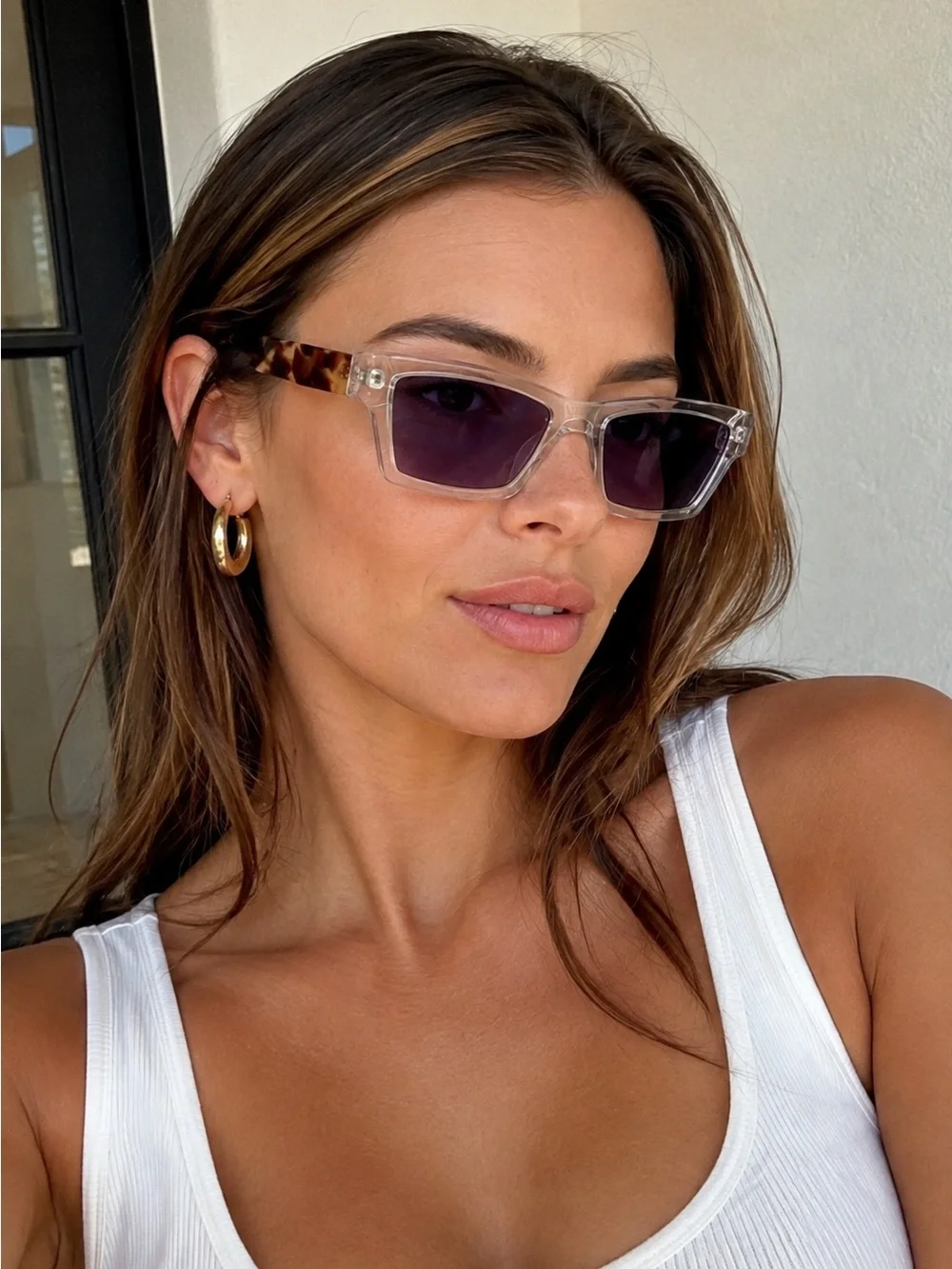 Clear Frame Tortoise Arm Purple Lens Rectangular Sunglasses Y2K